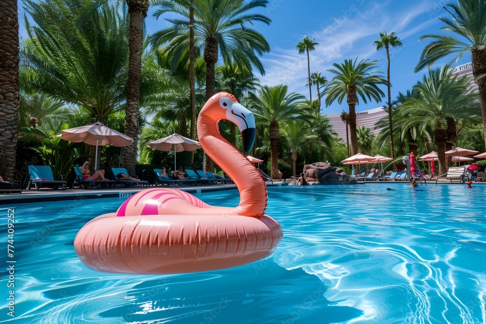 Poster a flamingo float is floating in a pool