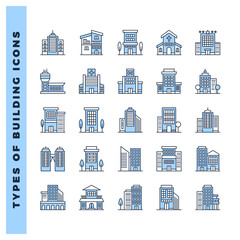 25 Types of Building Two Color icon pack. vector illustration.