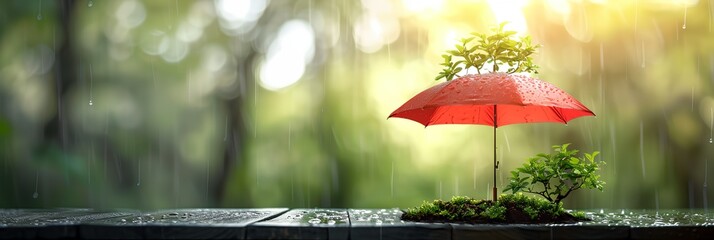 A red umbrella is protecting a small tree from the rain