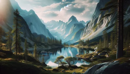 Fotobehang Serene Mountain Lake Landscape with Lush Forest and Rugged Peaks © dragon_fang