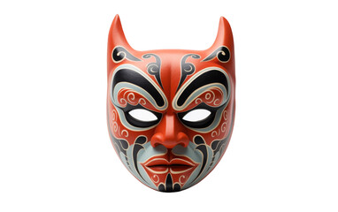 A vibrant red mask adorned with detailed black and white patterns