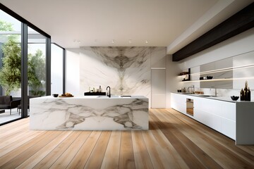 A large kitchen with a marble countertop and white cabinets