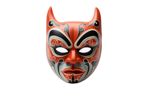 A vibrant red mask adorned with detailed black and white patterns