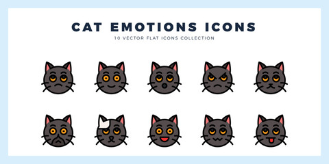 10 Cat Emotions Flat icon pack. vector illustration.