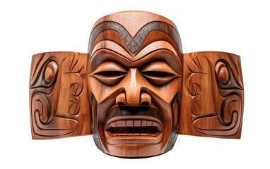 A wooden mask intricately carved with two faces, each expressing contrasting emotions