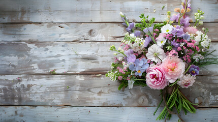An artificial floral arrangement bursting with pastels, set against a vintage wooden backdrop, exuding rustic charm.

