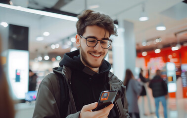 Happy young man shopping for a new smartphone in an electronics store, smiling while sitting at a counter near a shelf with digital products. man wearing glasses inside a modern shop interior