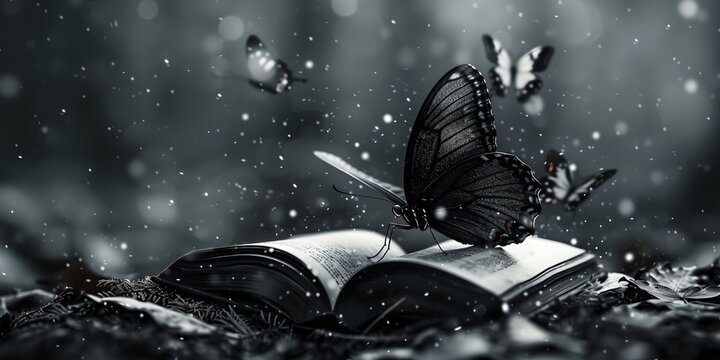 Open book with butterfly on its page, beauty of literature and reading.