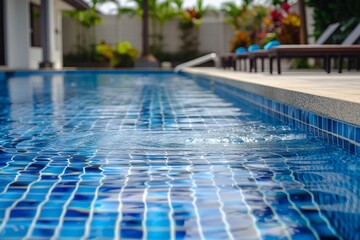 A pool with a blue tile floor and a white wall - obrazy, fototapety, plakaty
