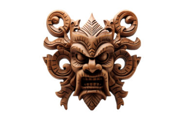 A wooden mask with a demon face, featuring sinister eyes and a malevolent smile