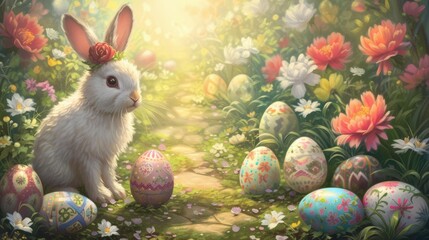 An organism, the rabbit, is perched on a mound of colorful Easter eggs amidst the natural landscape...