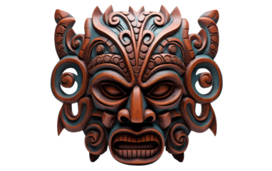 A detailed wooden mask with intricate carvings, showcasing craftsmanship and mystique