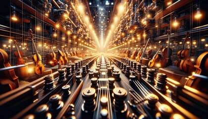 Endless Array of Violins in a Futuristic Factory Setting - obrazy, fototapety, plakaty