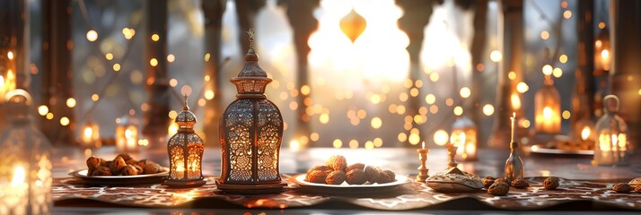 Arabic Ramadan lantern, greeting Eid Mubarak card for Muslim Holidays. - obrazy, fototapety, plakaty