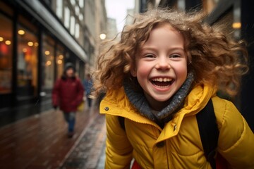 Fototapeta premium Little girl with curly hair in a yellow jacket in the city.