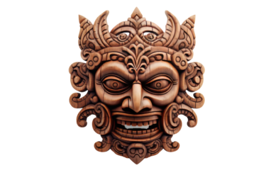 A wooden mask adorned with ornate designs, showcasing detailed craftsmanship and cultural significance
