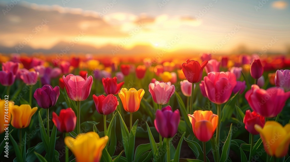 Sticker Golden Hour Glow: Vibrant Tulip Field, generative ai