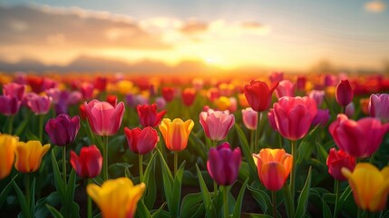 Obraz premium Golden Hour Glow: Vibrant Tulip Field, generative ai