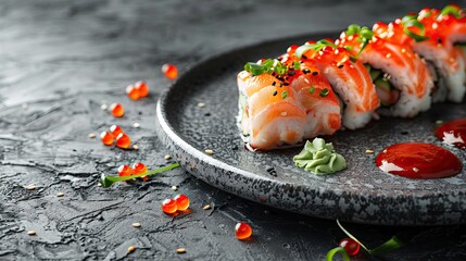 Beautiful sushi and rolls on a dark stone background. Food advertising. Banner, menu.