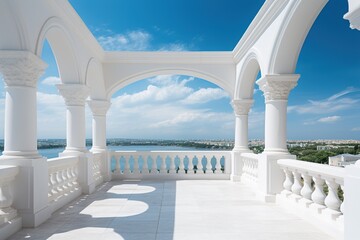 View of a beautiful white balcony with columned arches and balustrade with a sea harbor and cityscape under a cloudy blue sky in the background - obrazy, fototapety, plakaty