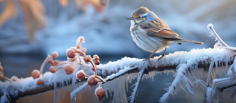 Perched on a snow-covered tree branch, a bird blends into the serene winter landscape with its delicate frame and feathers