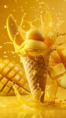 Fototapeta na wymiar Mango ice cream with fruit on yellow background
