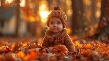 Autumn Baby in Pumpkin Patch, generative ai