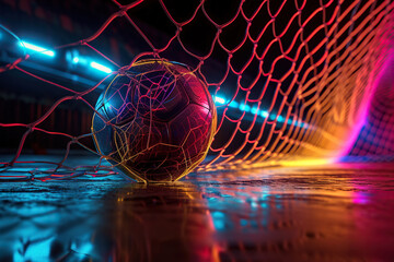 A soccer ball in a goal with a net in a neon glow. Generative AI - obrazy, fototapety, plakaty