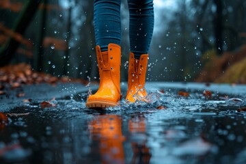 Playful puddle jumping: Individual in orange boots enjoys rain.