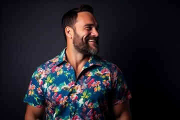 Obraz premium Handsome man with beard and floral shirt smiling over black background