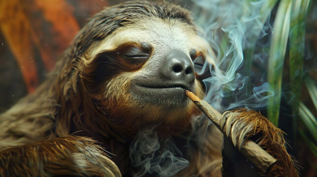 close up of sloth head takes a pleasurable drag on a joint with eyes closed