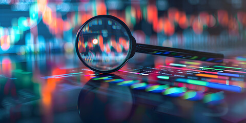 Analyzing Data on a Neon Screen with Charts and Graphs Magnified by a Glass Concept of Business Financial data analysis and analytics ,Magnifying glass search of investing and stock market 
 