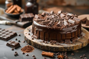 Chocolate cake decorated with chocolate bars ingredients