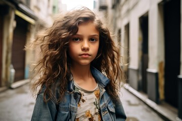 Fototapeta premium Portrait of a cute little girl with curly hair on the street