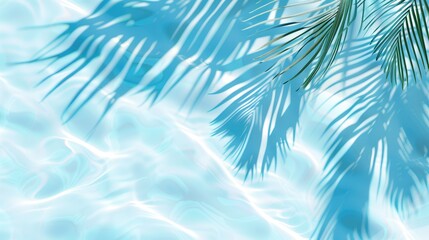 Fototapeta na wymiar Light blue background, palm leaf shadows on the water surface, beautiful shadows, white color palette