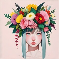 Surreal portrait of a woman wearing a floral headdress. Generative AI