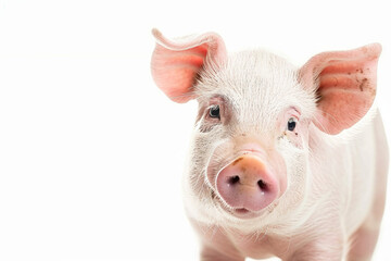 A delighted young pig stands out against a white background, showcasing the amusing expressions of animals
