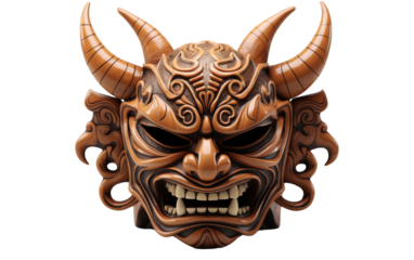 A mask adorned with horns and sharp fangs, exuding a mysterious and ominous aura
