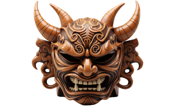 A mask adorned with horns and sharp fangs, exuding a mysterious and ominous aura