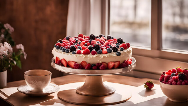 Delicious cake with fresh berries on the table near the window.