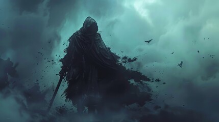 A dark figure with a hooded cape and a sword is standing in a misty, cloudy sky - obrazy, fototapety, plakaty