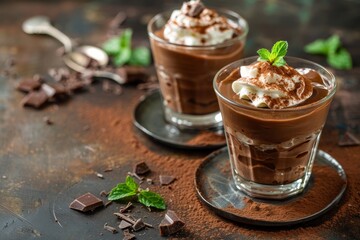 Chocolate mousse with sauce in glasses on a vintage backdrop