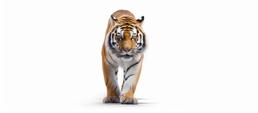 tiger stand with red and white color white background .isolated on white photo - realistic