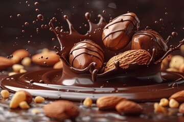 Nuts and chocolate splashes. 3D realistic modern. - obrazy, fototapety, plakaty