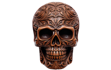 A bronze colored skull adorned with intricate and mesmerizing designs