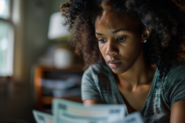 A young woman grappling with financial pressures, a scene reflecting the stress of managing bills during economic hardship