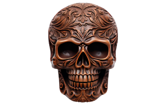 A bronze colored skull adorned with intricate and mesmerizing designs