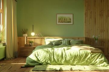 Modern green bright bedroom with wooden decor. Generative AI