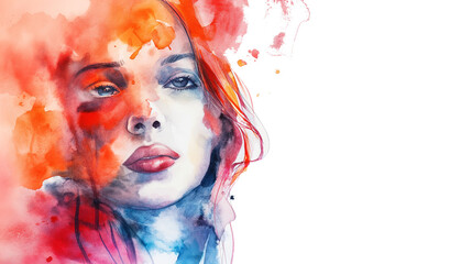 Beautiful woman face abstract watercolor illustration on the white  background with copy space. Portrait of girl for a beauty salon and fashion background. Cosmetology, beauty and spa,care concept.