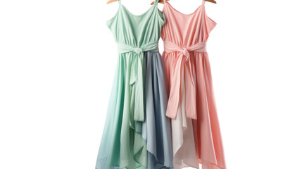 Two elegant dresses hang gracefully on a clothes rack, showcasing their beauty and delicate details